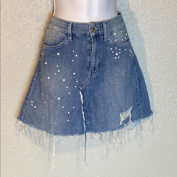 Guess Blue Asymmetrical Distressed Mini Skirt with Embellishments - Picture 7 of 7